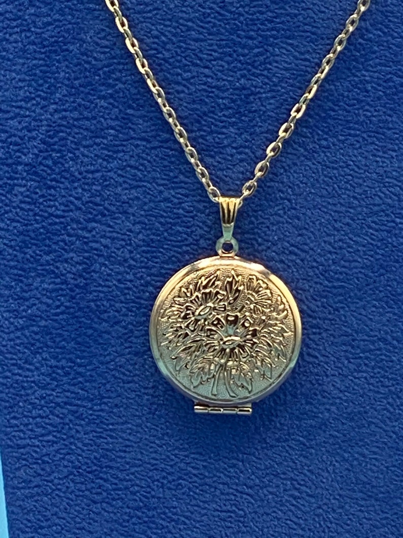 Pale Gold Round Daisy Photo Locket with Pale Gold Chain