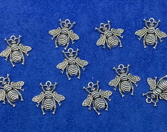 Medium Antique Silver Bumble Bee Pendants - Charms ~ Set of Ten