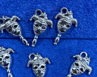 Silver Court Jester Marotte Maypole Stick Mini Joker Charms Pendants - Set of Six