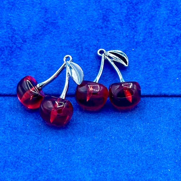 A Pair of Large Vintage Retro Juicy Red Cherries Charms Pendants - 4 cherries