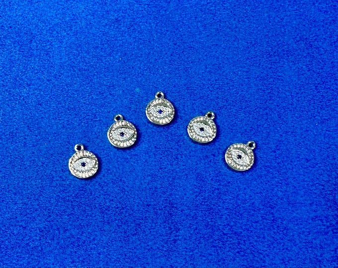 Small Evil Eye Protection Charm in 18Kt Gold Plate with Micro Pave Blue & White Cubic Zirconia Charm Pendants - Set of Five.