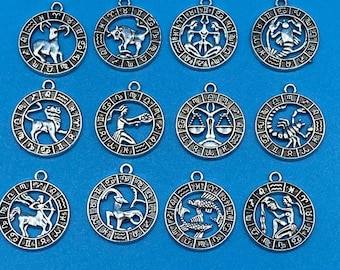 Set of 12 Zodiac Sign Round Charm Pendants with Cut Out Detail in Silver - Set of Twelve