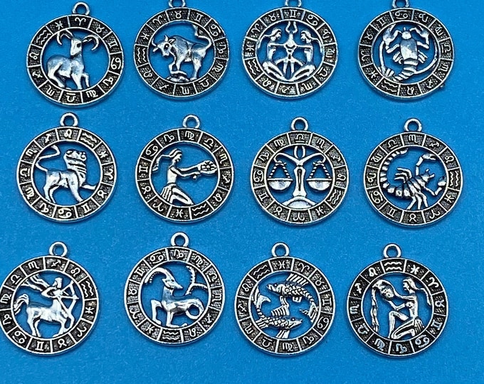 Set of 12 Zodiac Sign Round Charm Pendants with Cut Out Detail in Silver - Set of Twelve
