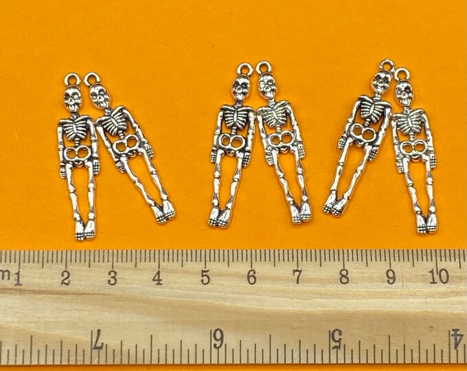 Traditional Gothic Horror Halloween Silver Skeleton Charm Pendants ~ Set of Six