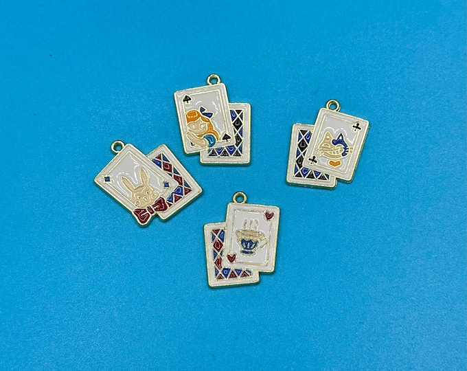 Gold & Enamel Playing Cards Charm and Pendants From Alice’s Adventures In Wonderland ~ Set of Four