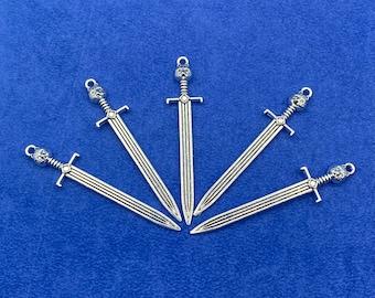 Silver Fantasy Sword Charms: Wolf Head Pommel Pendants (Set of Five)