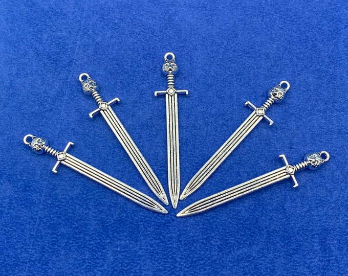 Large Silver Fantasy Weapons Sword Set with Wolf Head Pommel Charm Pendant - Set of Five