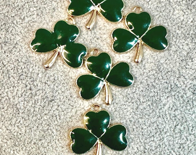 Large Pale Gold and Emerald Green Enamel Irish Shamrock Charm Pendants - Set of Five