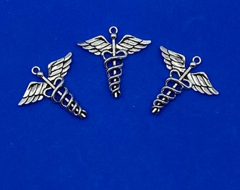 Large Silver Caduceus Medical Symbol Charm Pendants ~ Set Of Three