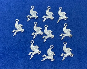 Bright Silver Mythical Flying Horse Pegasus Charms Pendants - Set of Ten