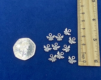 Mini Silver Bumble Bees Charms and Pendants  - Set of Ten.