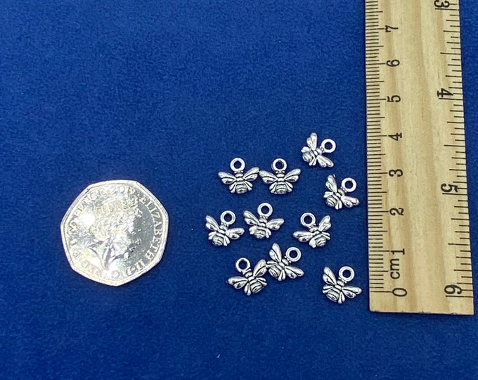 Mini Silver Bumble Bees Charms and Pendants  - Set of Ten.