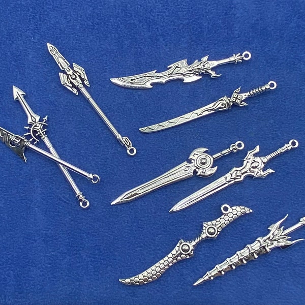 Large Silver Fantasy and Gaming Weapons Set Charms Pendants  ~  Set of Nine