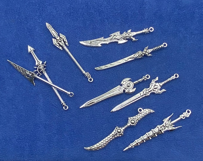 Large Silver Fantasy and Gaming Weapons Set Charms Pendants  ~  Set of Nine