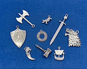 Silver Norse Viking Charms: Weapons, Mythology Pendants - Set of Nine