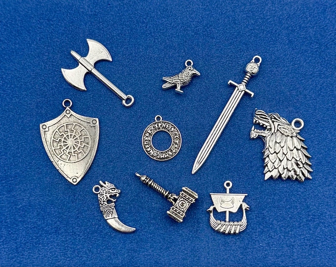 Silver Norse Viking Charms: Weapons, Mythology Pendants - Set of Nine