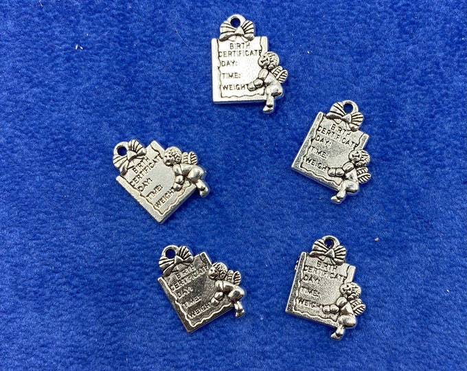 Silver New Baby Announcement Cherub and Birth Certificate Charm Pendants - Set of Five