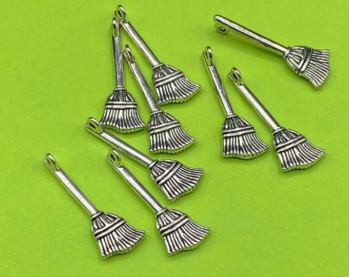 Silver Halloween Witches Broom Charm Pendants - Set of Nine