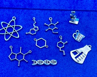 Silver Science, STEM, Chemistry Biology & Physics Symbols Charm Pendants -  Set of Ten