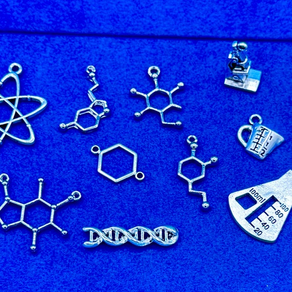 Silver Science, STEM, Chemistry Biology & Physics Symbols Charm Pendants -  Set of Ten