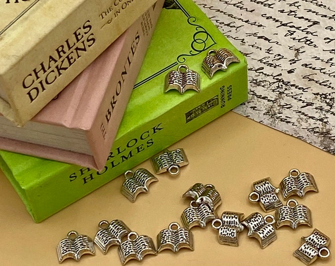 Small Silver Open Book Charm Pendants ~ Set of Sixteen