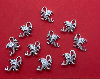 Small Silver Traditional Winged Dragon Charm Pendant - Set of Ten