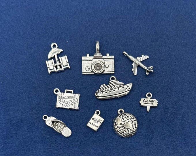 Silver Holiday Travel Charm Set: Vacation Mementos - Set of Nine