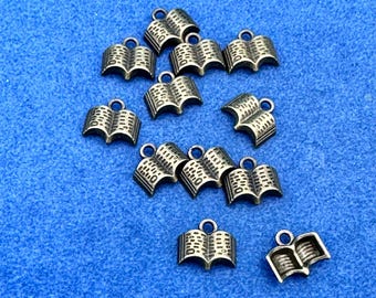 Small Antique Bronze Open Book Charm Pendants ~ Set of Twelve
