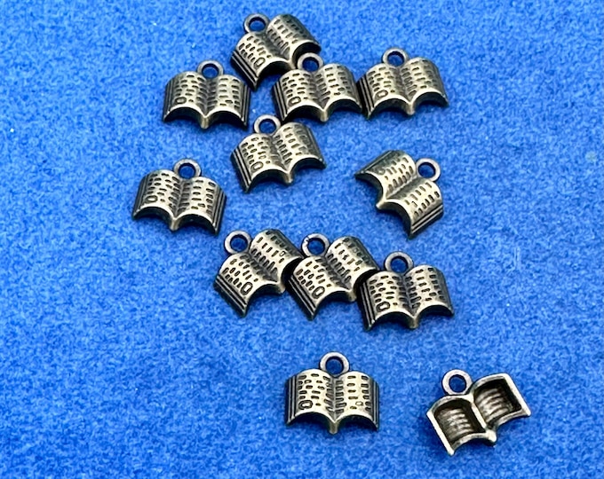 Small Antique Bronze Open Book Charm Pendants ~ Set of Twelve