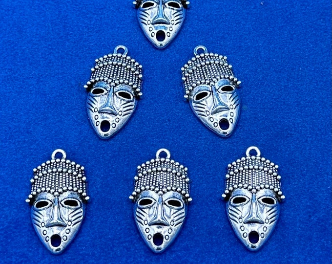 Silver African Benin Edo Masks Charms and Pendants - Set of Six