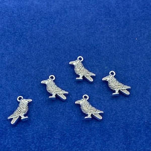 May include: Five silver crow charms with detailed features. The charms are small and have a loop at the top for attaching to jewelry or other crafts.