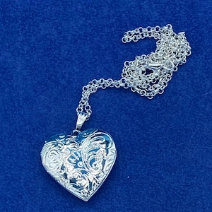 Silver Heart Shaped Photo Locket, Floral Engraved Pattern with Silver Necklace.