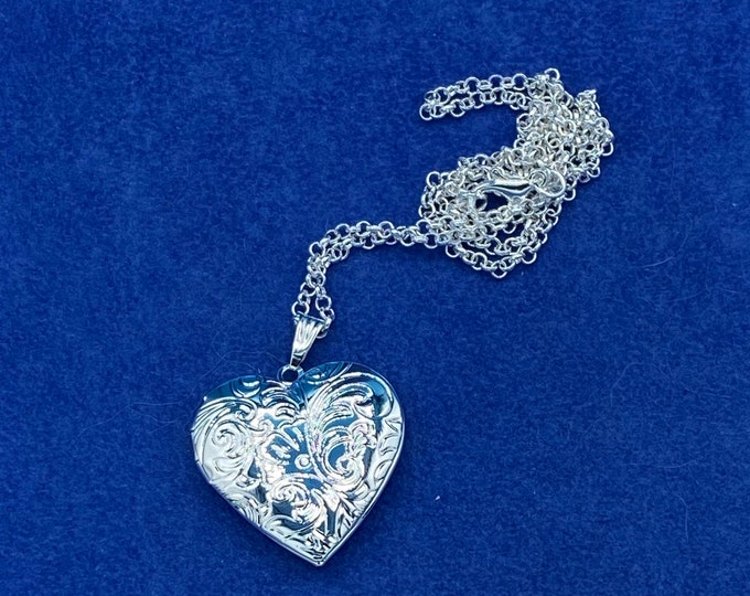 Silver Heart Shaped Photo Locket, Floral Engraved Pattern with Silver Necklace.