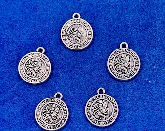 Silver Round Patron Saint St Christopher Charm Medal Pendants ~ Set of Five