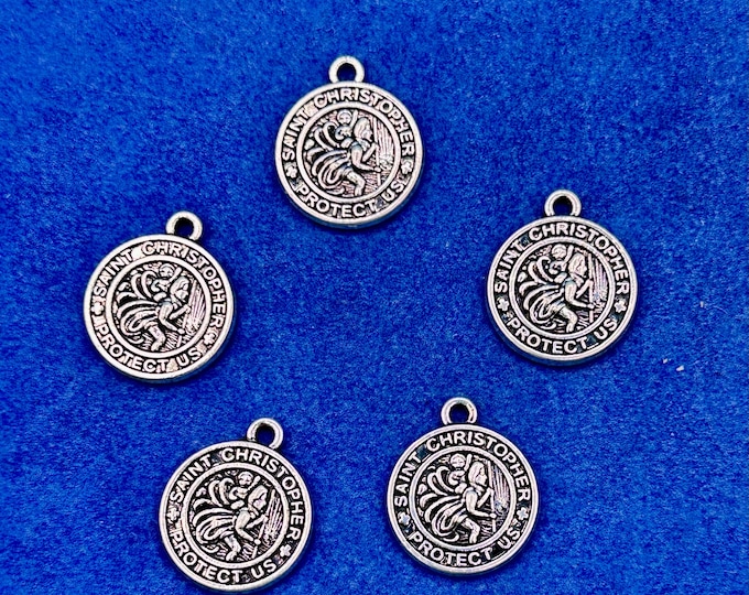 Silver Round Patron Saint St Christopher Charm Medal Pendants ~ Set of Five