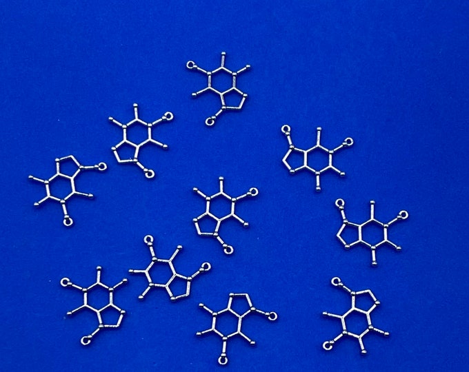 Silver Chemistry Caffeine Molecule Symbols Charm Pendants - Set of Ten