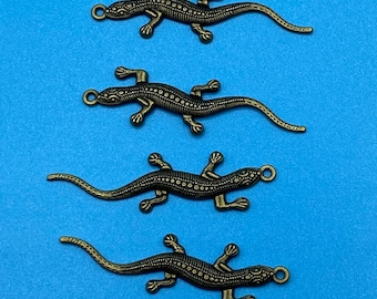 Large Lizard Pendant Charm In antique Bronze - Set of Four