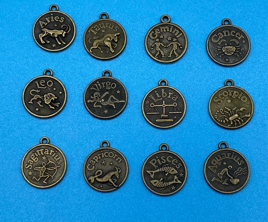 Antique Bronze Metal Astrology Symbol Zodiac Star Signs Token Charms