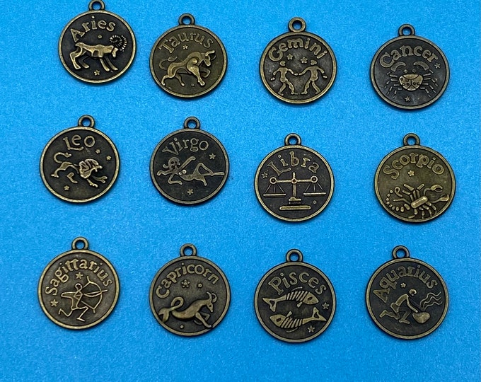 Antique Bronze Metal Astrology Symbol Zodiac Star Signs Token Charms - Set of Twelve