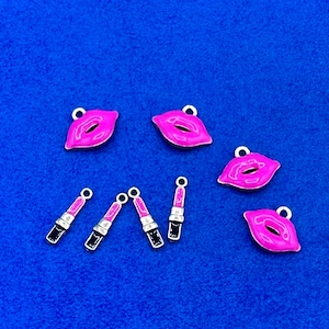 Pink Lipstick and Lips Charm Pendants: Enamel Gold Alloy Set