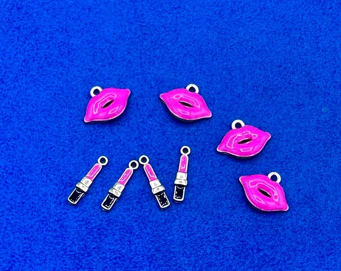 Set of Lovely Bright Pink Lipsticks in Gold, black and pink enamel and Matching Lips in Bright Pink Charm Pendants - Set of Eight