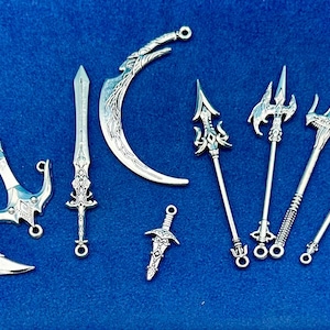 Large Silver Fantasy and Gaming Weapons Set No 2 Charms Pendants  ~  Set of Ten