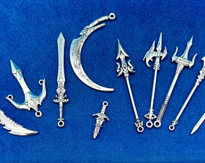 Large Silver Fantasy and Gaming Weapons Set No 2 Charms Pendants  ~  Set of Ten