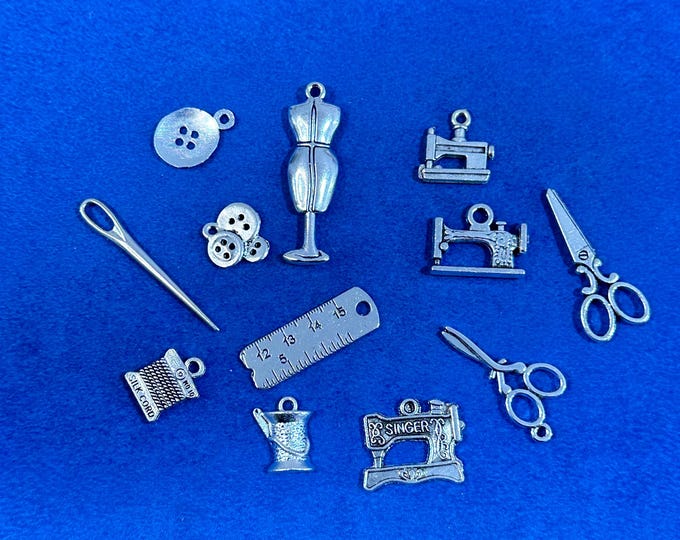 Silver Sewing, Tailoring, Arts and Crafts Tools & Haberdashery Charms ~ Set of Twelve