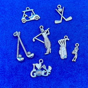 Silver Golf Clubs and Golfing Charm and Pendants - Set of Eight