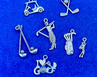 Silver Golf Clubs and Golfing Charm and Pendants - Set of Eight