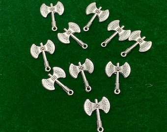 Small Silver Fantasy Weapons Double Axe Charm Pendants  ~ Set of Ten