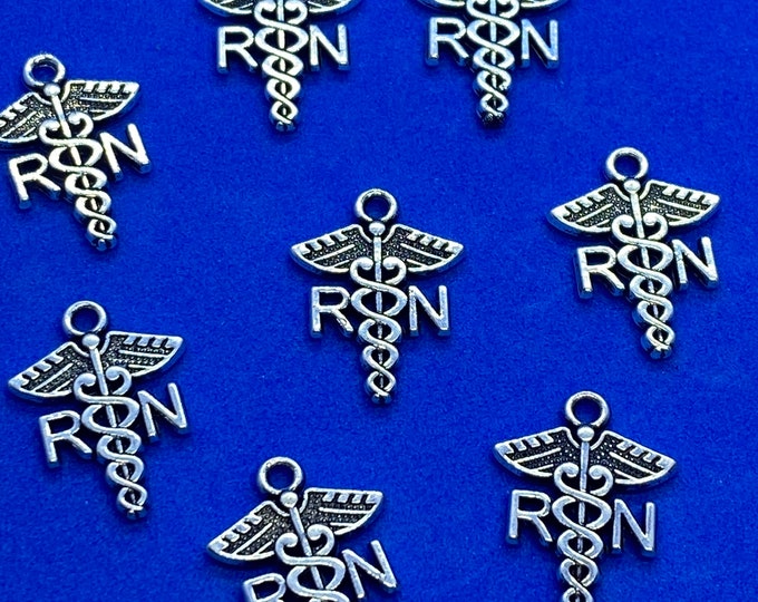 Silver Caduceus With RN Registered Nurse Charm Pendant ~ Set Of Eight