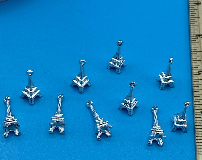 Small Bright Silver Eiffel Tower Paris France Charm Pendant ~ Set of Ten