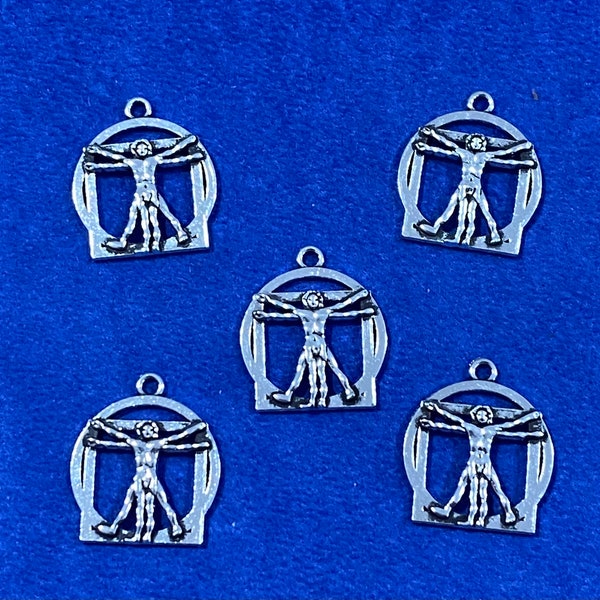 Silver Leonardo Da Vinci’s Vitruvian Man Symbol Charm Pendant ~ Set Of Five